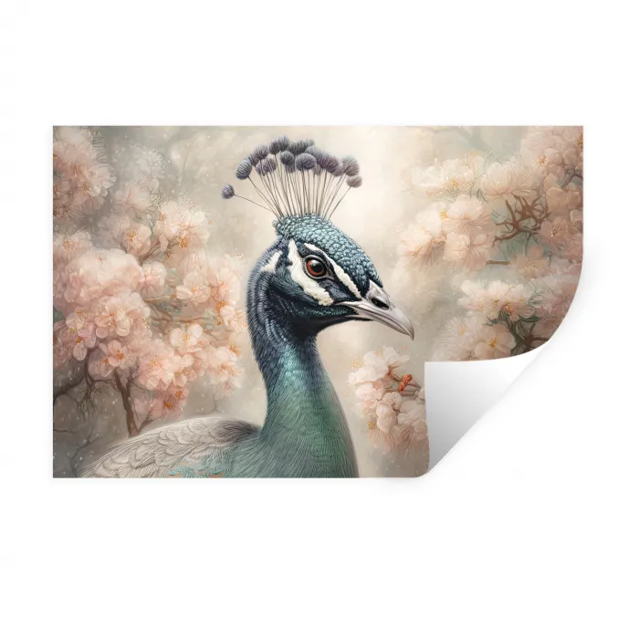 Pauw - Vogels - Bloemen - Boom - Botanisch Muursticker klein -3d
