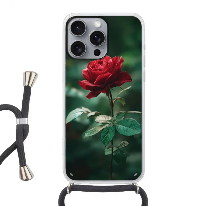 Roos - Bladeren - Dieprood Hoesje iPhone 16 Pro Max met koord klein -3d