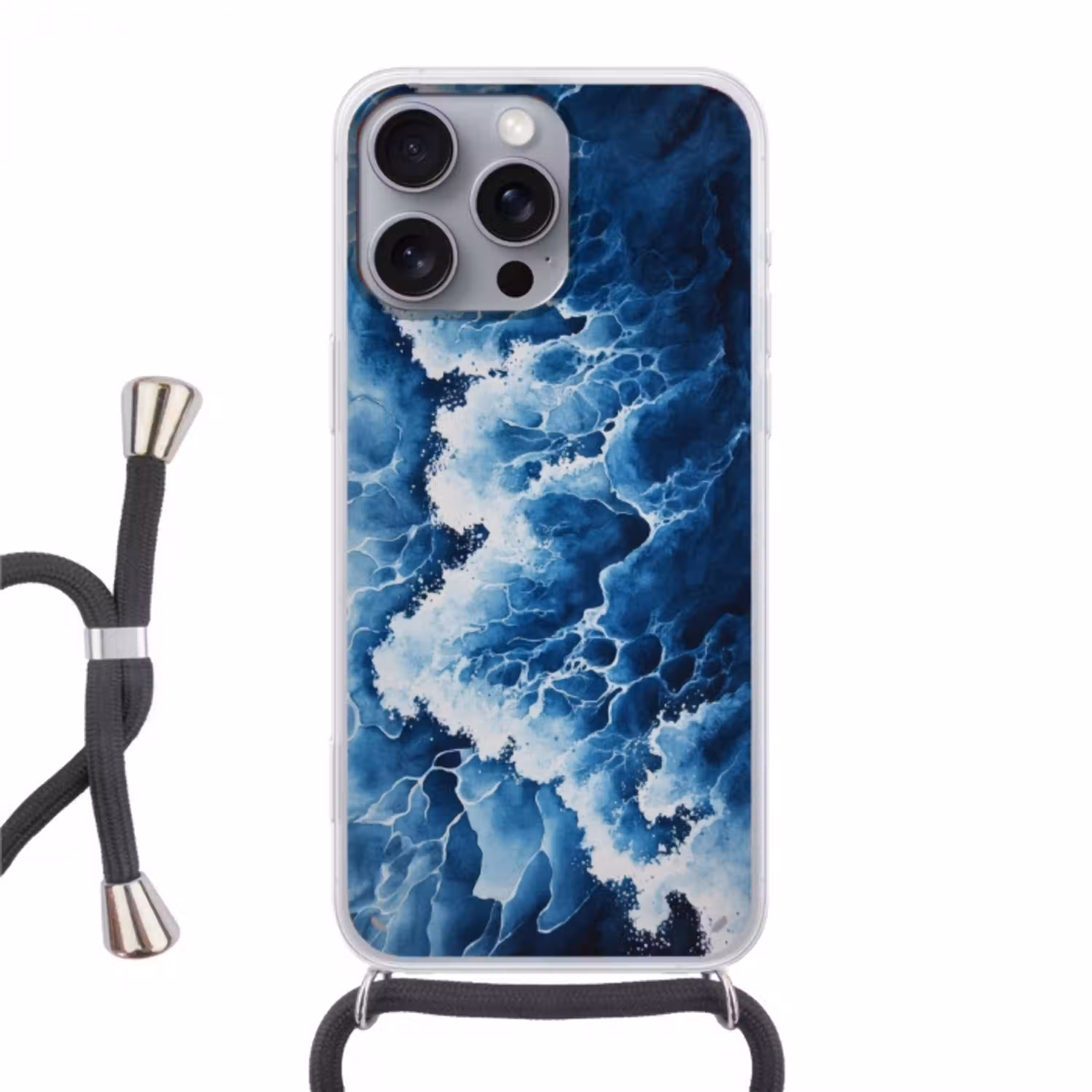 Golven - Blauw - Schuim Hoesje iPhone 16 Pro Max met koord klein -3d