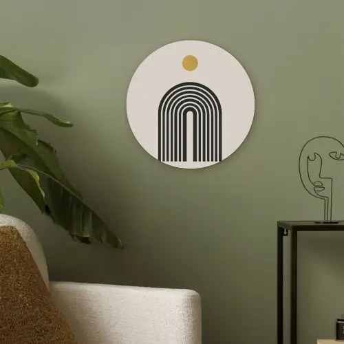 Minimalistisch - Zwarte boog - Gouden cirkel Akoestische PET Vilt - Rond klein -sfeer2