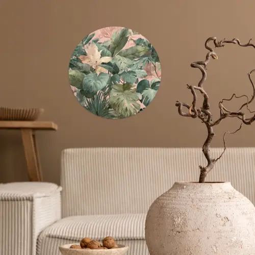 Compositie van bladeren - Groen - Roze Wandcirkel behangsticker klein -sfeer1