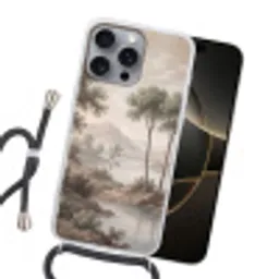 Bomen - Meer - Bergen - Illustratie Hoesje iPhone 16 Pro Max met koord klein -sfeer1