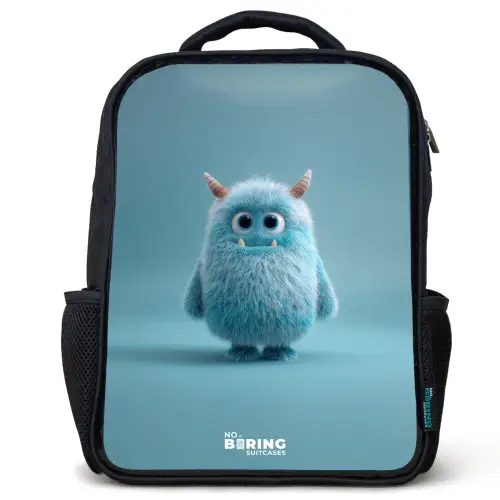 Blauw pluizig monster met hoorns Rugzak - Zwart middel -3d