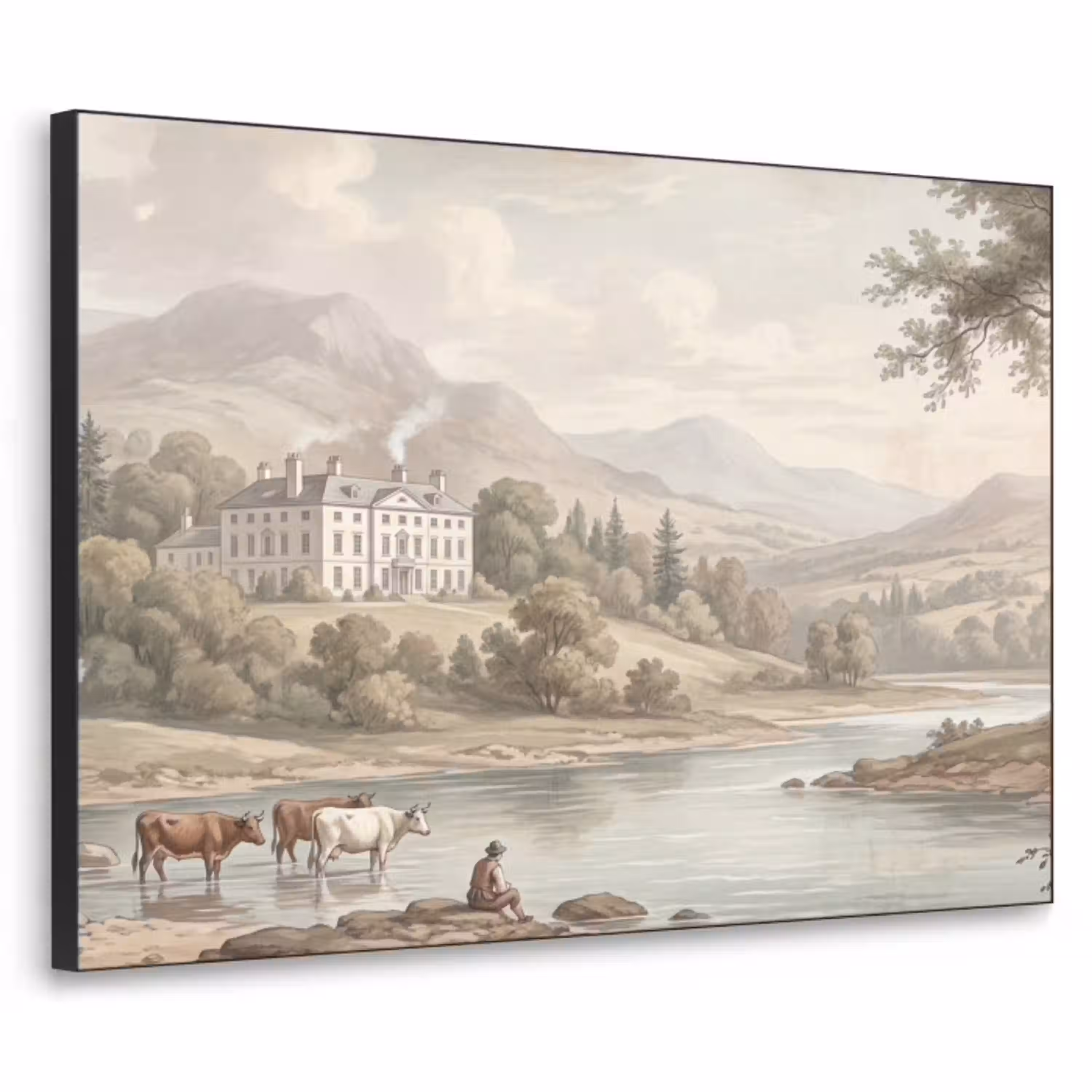 Landhuis - Rivier - Vee Textielframe zwart klein -3d