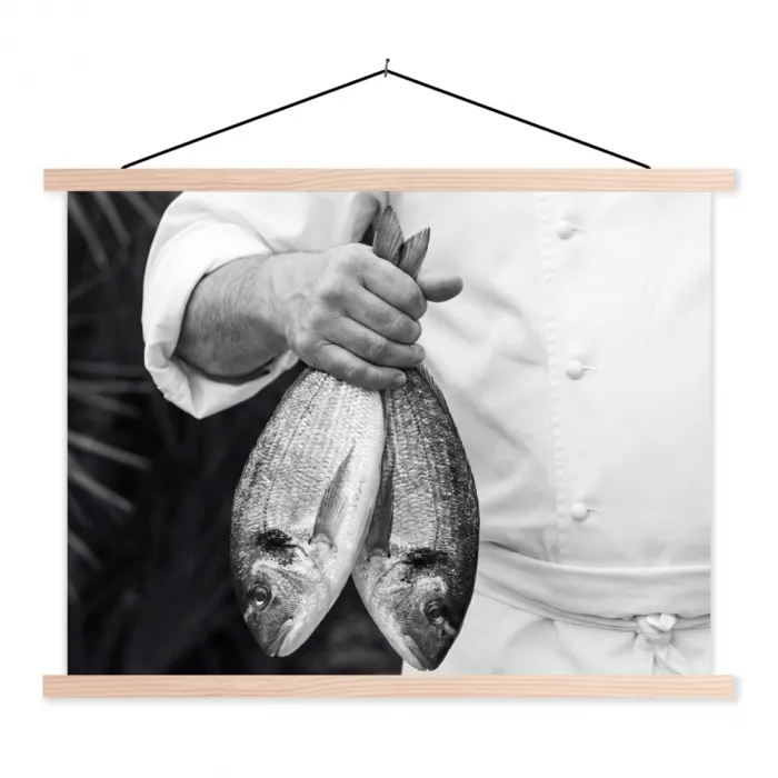Vissen - Chef - Zwart - Wit textielposter latten blank klein -3d