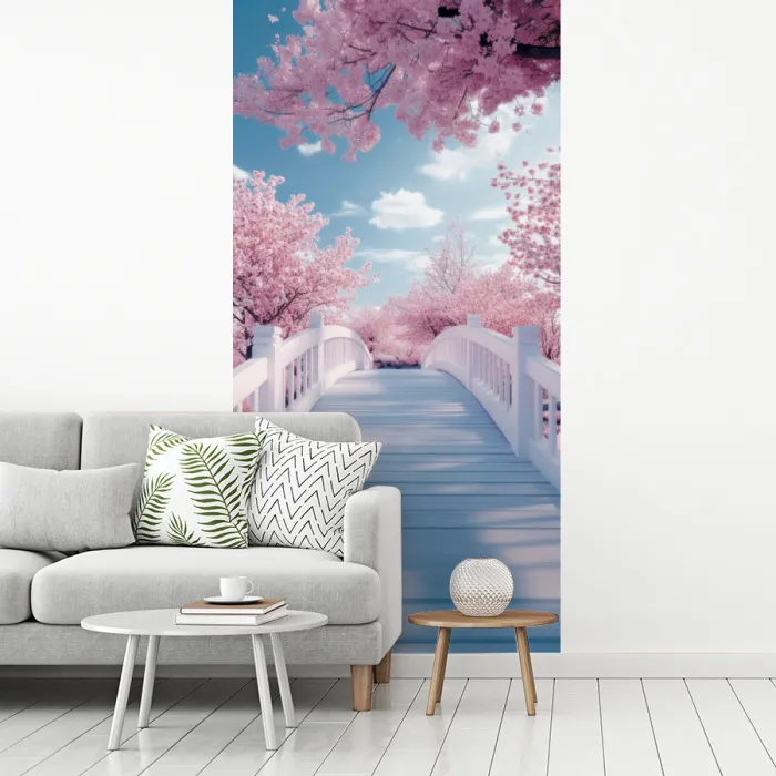 Brug - Kersenbomen - Wit fotobehang vinyl groot -woonkamer