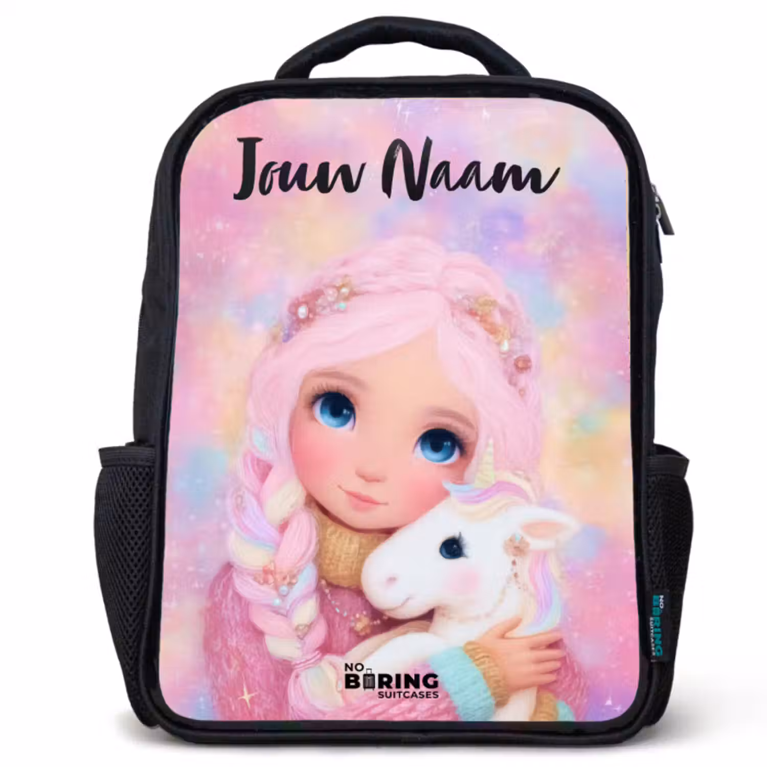Kinderrugzak met naam - Zwart - Meisje - Eenhoorn - Roze