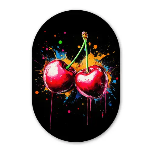 Kersen - Fruit - Graffiti - Verf - Abstract - Modern - Kleurrijk Wandcirkel Ovaal Glas middel -3d