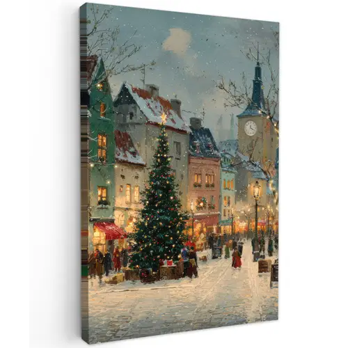 Kerstsfeer - Stadsplein - Kleurrijk Tuinposter op houten frame 2 cm dik klein -3d