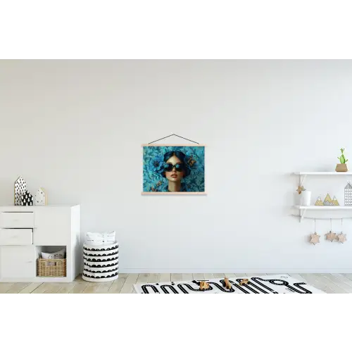 Vrouw - Bloemen - Vlinders - Blauw - Abstract textielposter latten blank klein -kinderkamer