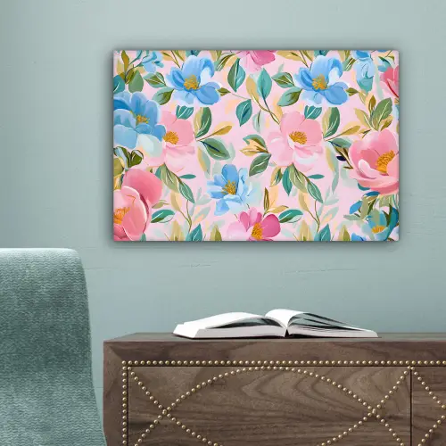 Blauw - Roze - Bloemen canvas 2cm klein -sfeer4