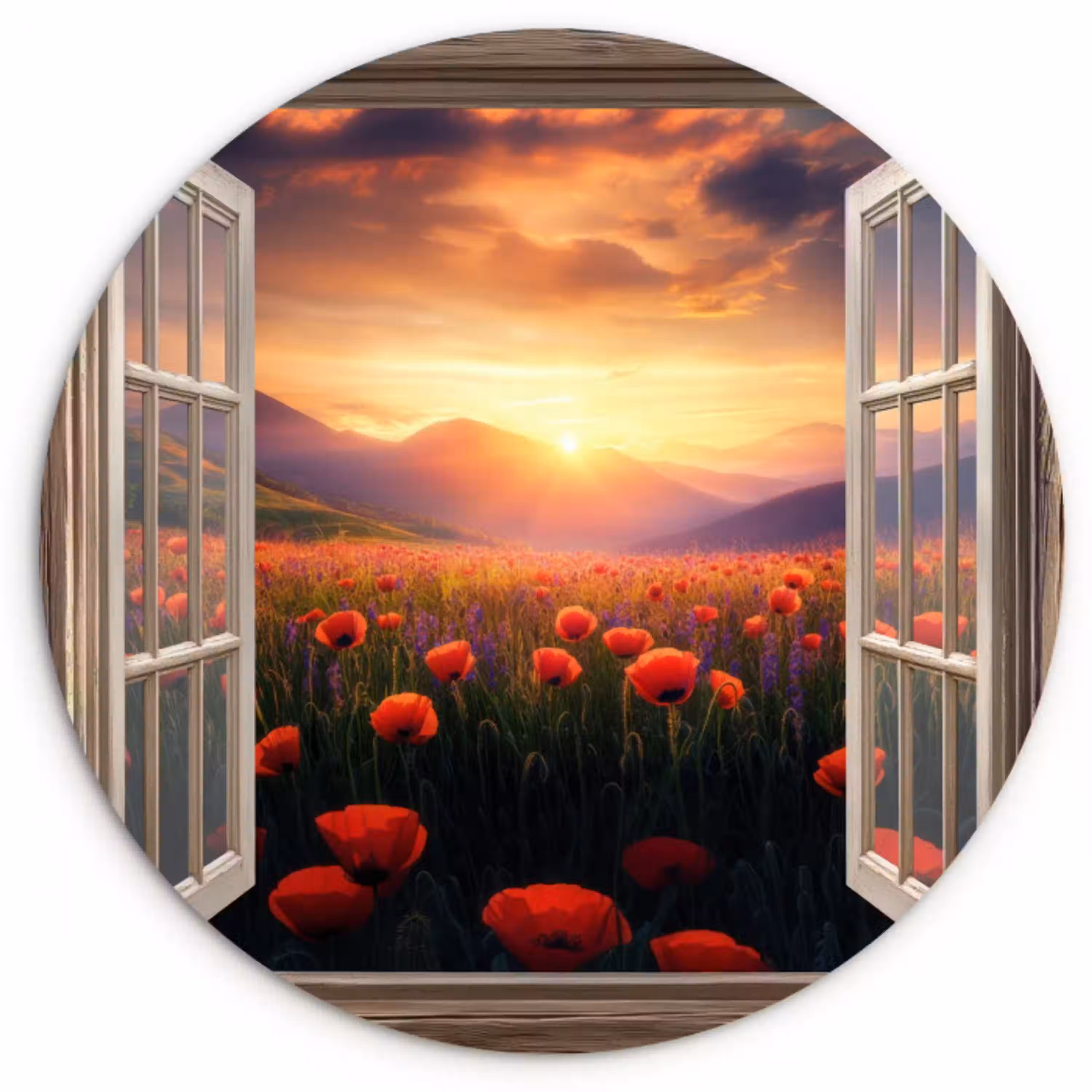 Doorkijk - Klaprozen - Bloemen - Rood - Open raam Wandcirkel plexiglas klein -3d