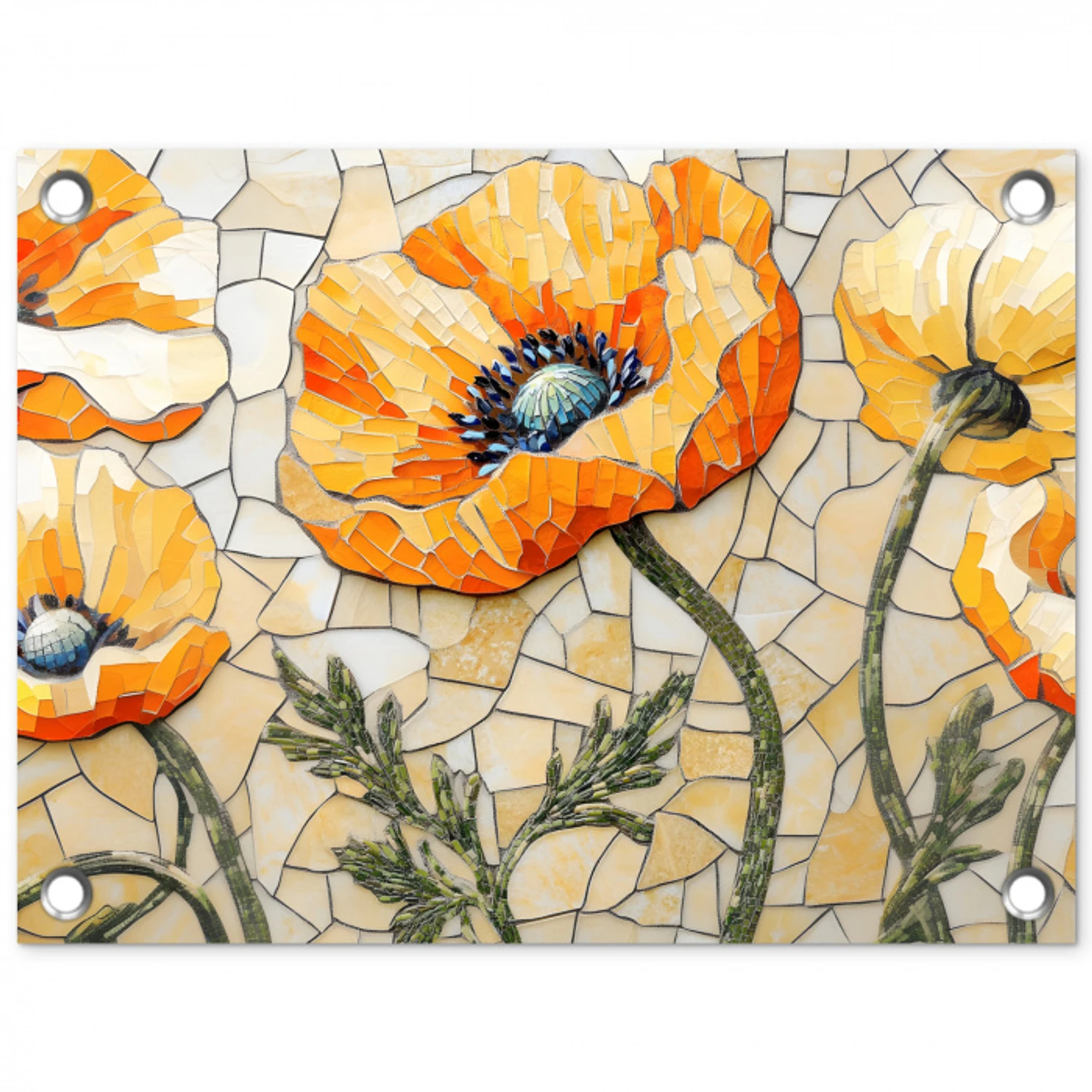 Klaprozen - Oranje - Mozaïek - Bladeren tuinposter los doek klein -3d