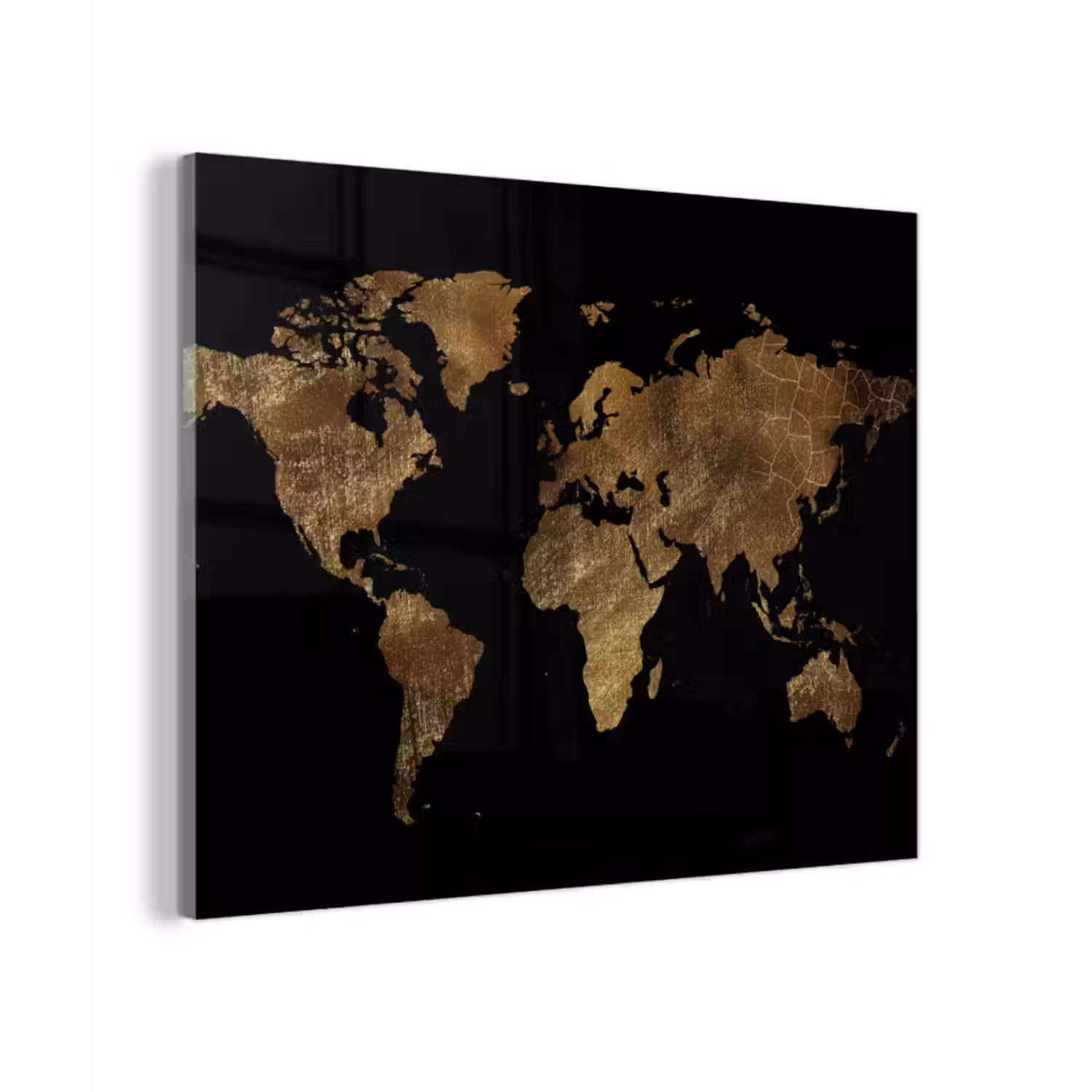 Glas schilderij - Wereldkaart - Goud - Luxe - Aarde - Zwart