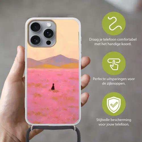 Bloemenweide - Heuvels - Silhouet - Roze Hoesje iPhone 16 Pro Max met koord klein -sfeer2_NL
