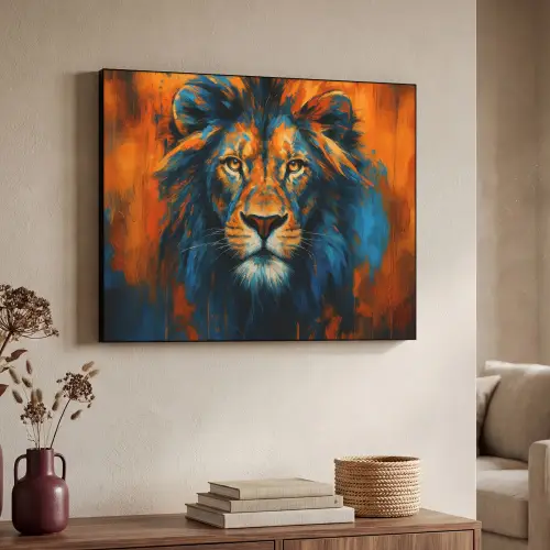 Schilderij - Leeuwenkop - Oranje Textielframe zwart klein -sfeer3