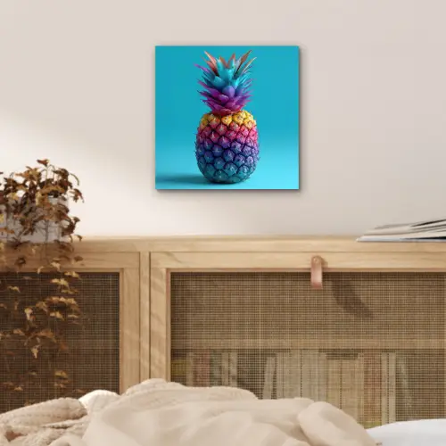 Ananas - Regenboog - Blauw - Popart aluminium wit klein -sfeer3