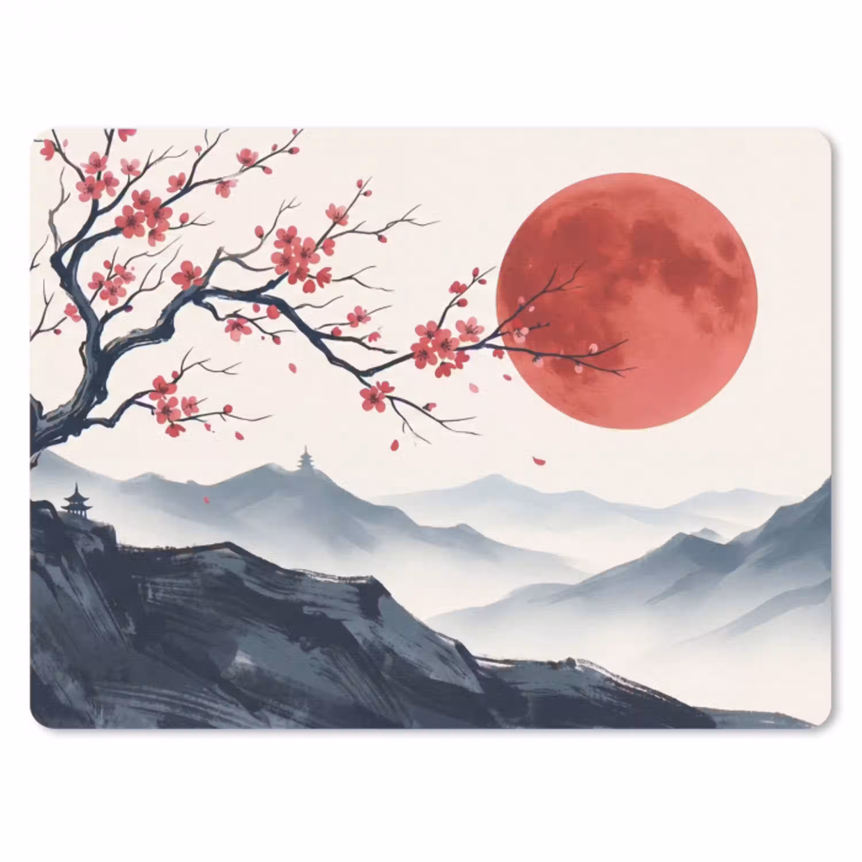Kersenbloesem - Oosters - Rood muismat rubber klein -3d