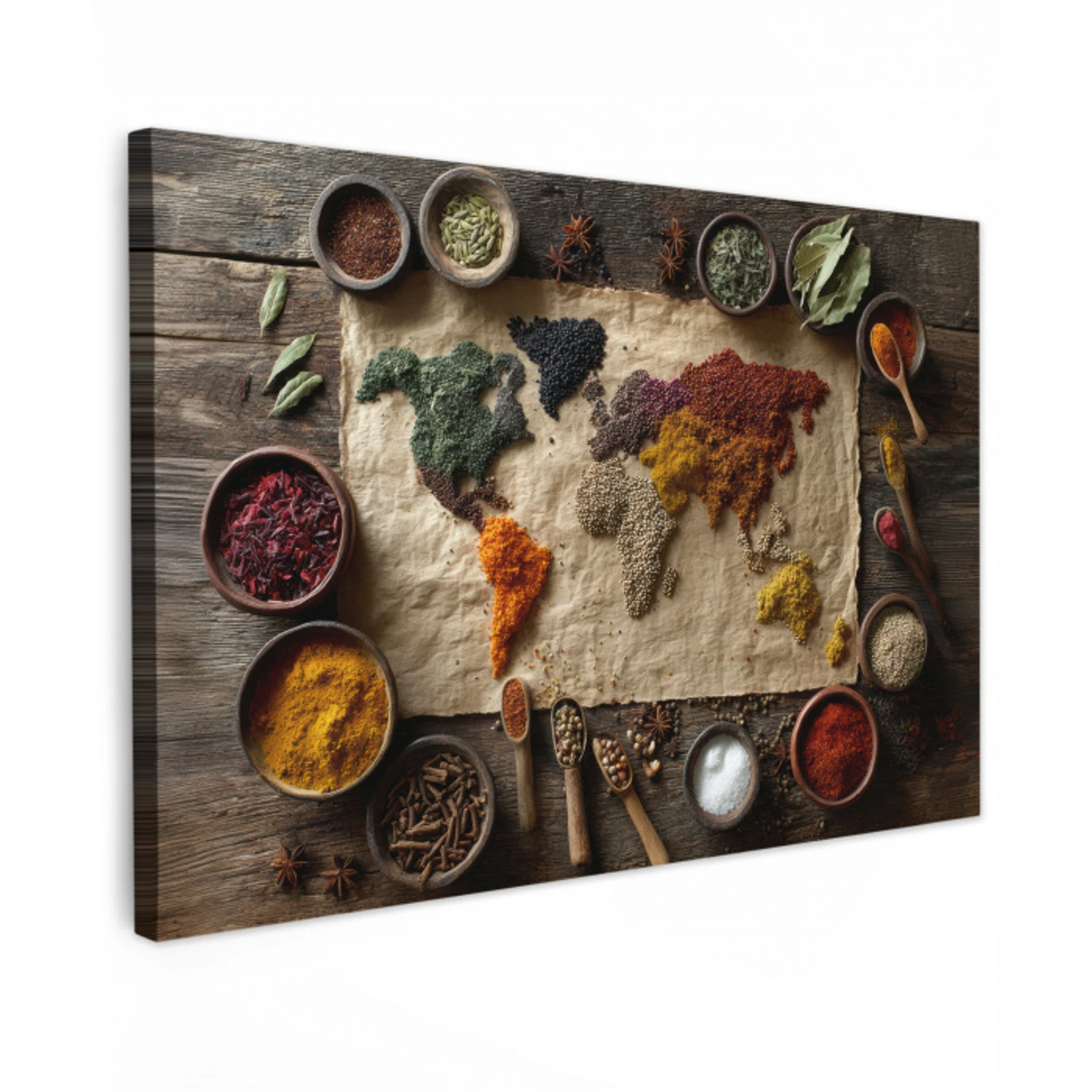Wereldkaart - Specerijen - Kleurrijk Tuinposter op houten frame 2 cm dik klein -3d