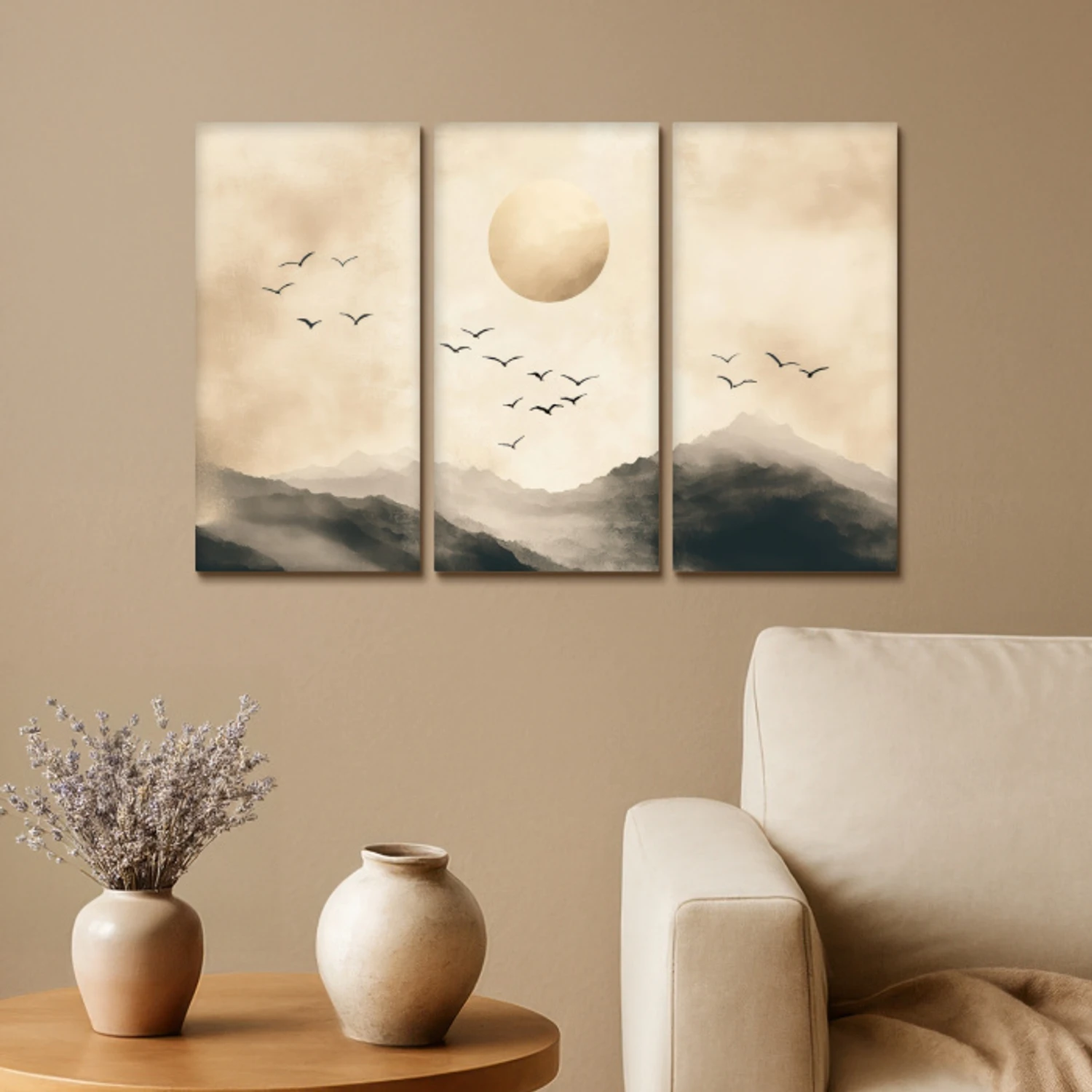 Landschap - Japandi - Beige - Vogels Canvas - Meerluiken 3 luik klein -sfeer1
