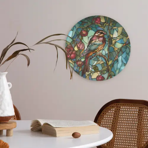 Vogel - Tak - Rozen - Mozaïek Akoestische PET Vilt - Rond klein -sfeer3