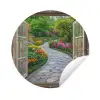 Doorkijk - Bloemen - Tuinpad - Natuur - Raam Wandcirkel tuinposter met ringen klein -3d