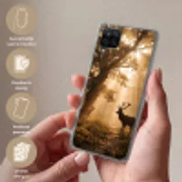 Hert - Bos - Mistig - Natuur - Goud Telefoonhoesje Samsung Galaxy A12 klein -sfeer3_NL