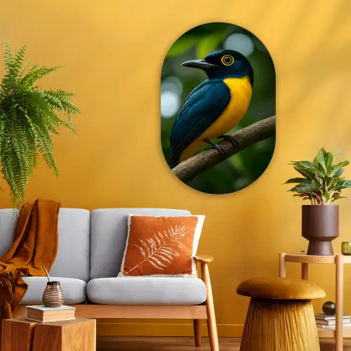 Vogel - Tak - Geel - Bladeren Wandcirkel Ovaal Glas middel -sfeer4