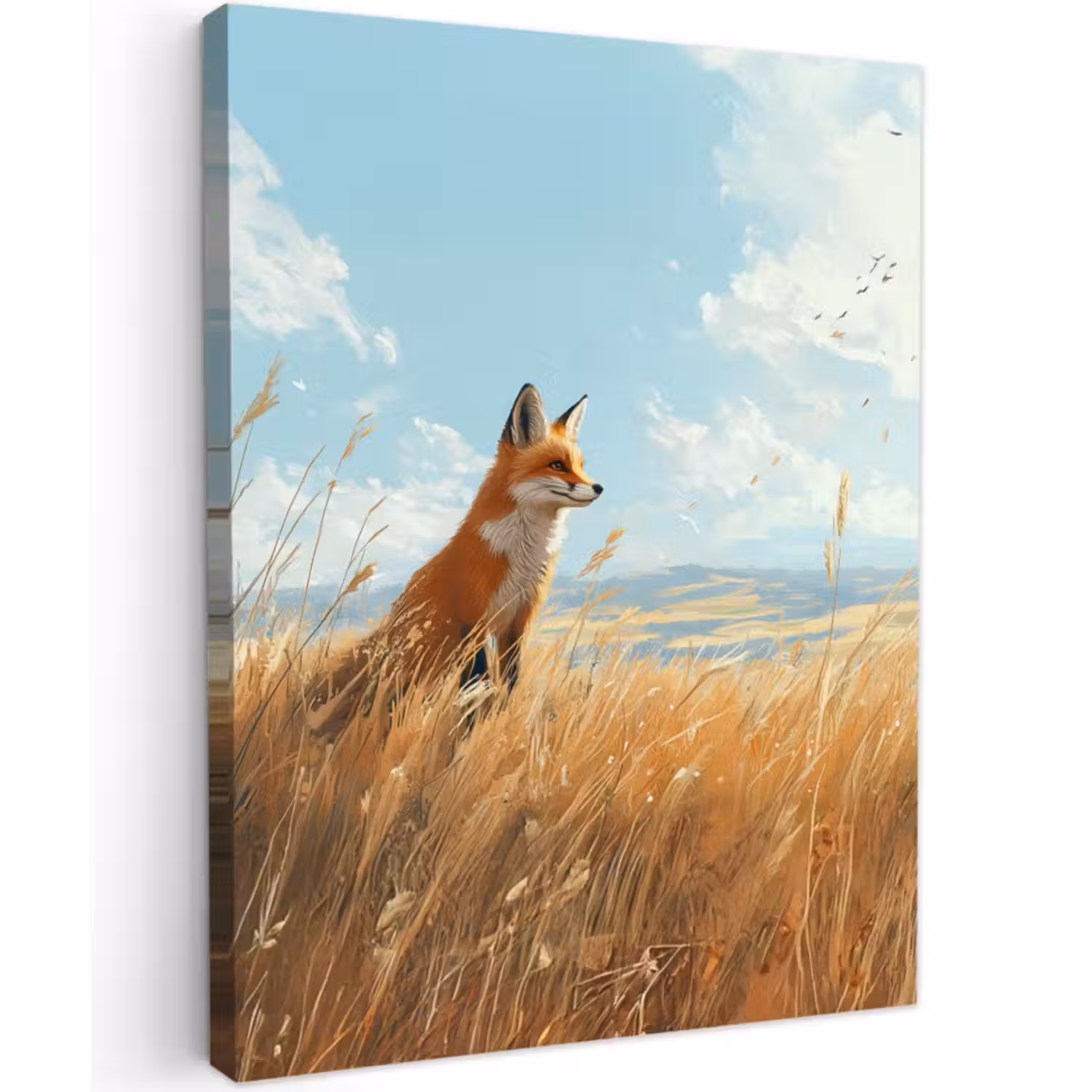 Canvas schilderij - Vos - Gras - Wolken - Oranje