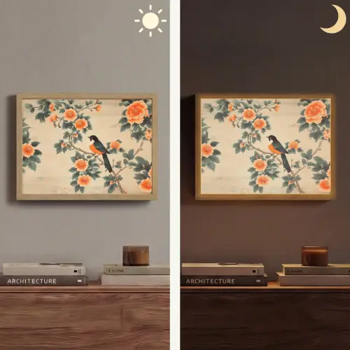 Vogel - Tak - Bloemen - Oranje Light Box met batterij (Wandlamp) middel -sfeer3