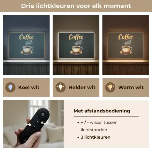 Koffie - Schotel - Koffiebonen - Retro Light Box met batterij (Wandlamp) middel -USP_lichtkleurNL