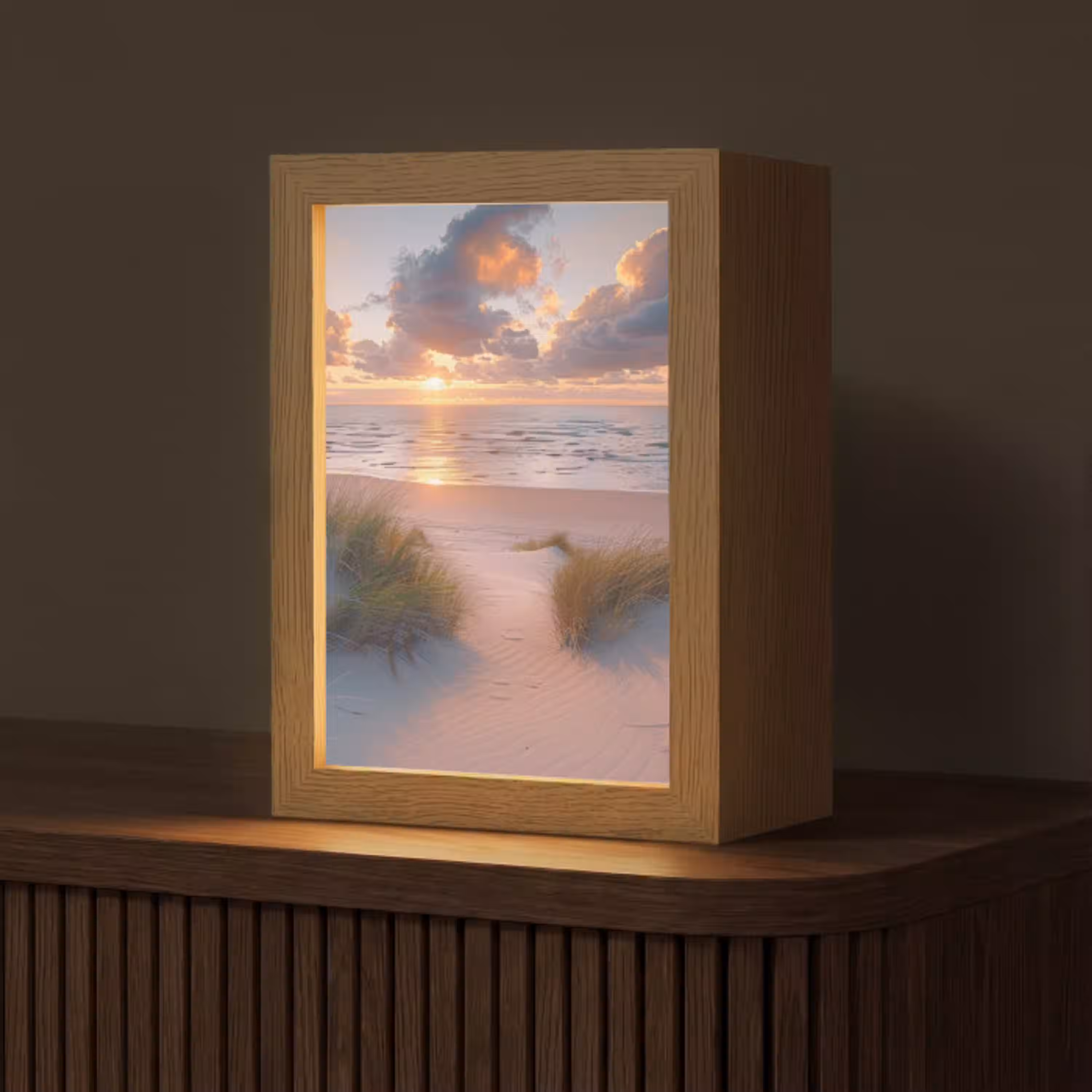 Zonsondergang - Zee - Strand - Duinen - Natuur Light Box met kabel (Tafellamp) klein -z3d_website