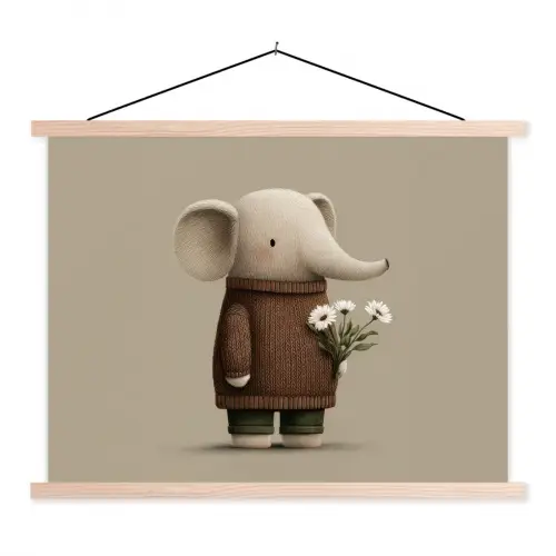 Olifant - Witte bloemen - Kindvriendelijk textielposter latten blank klein -3d