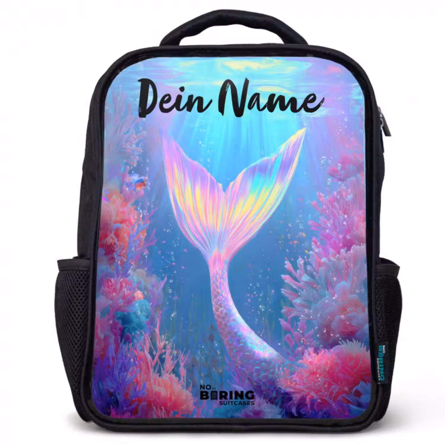Kinderrucksack mit Namen - Schwarz - Meerjungfrau - Koralle - Wasser