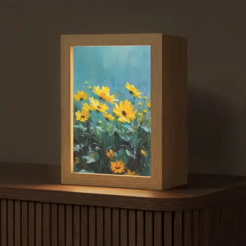 Penseelstreken - Bloemen - Felgeel - Abstract Light Box met kabel (Tafellamp) klein -z3d_website