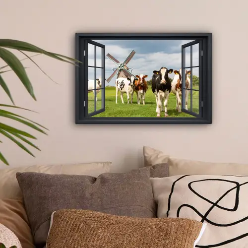 Doorkijk - Koe - Molen - Koeien - Weiland - Gras - Groen canvas 2cm klein -sfeer1