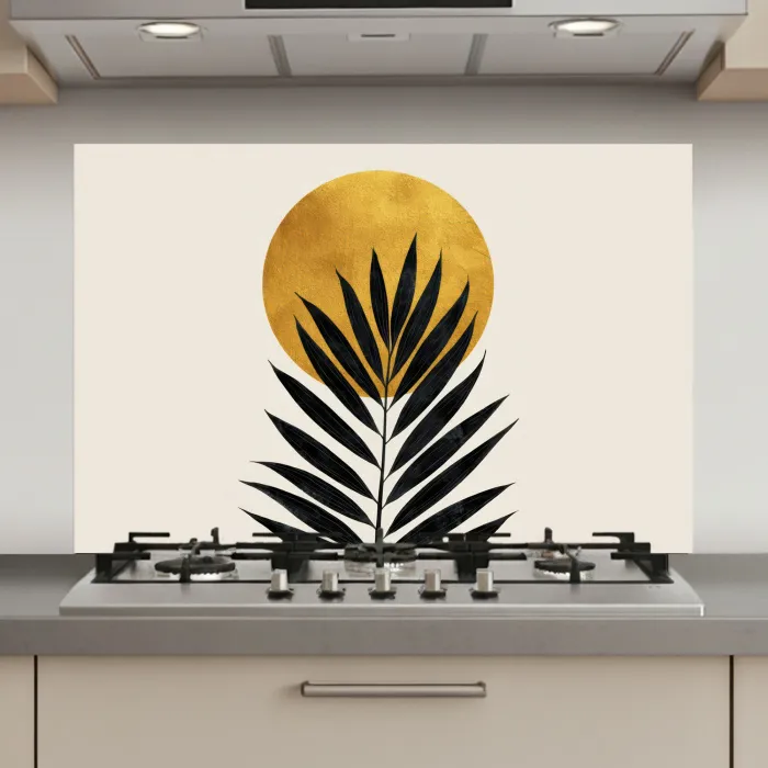 Zwart palmblad - Gouden cirkel - Beige achtergrond keuken achterwand spatscherm klein -3d_website