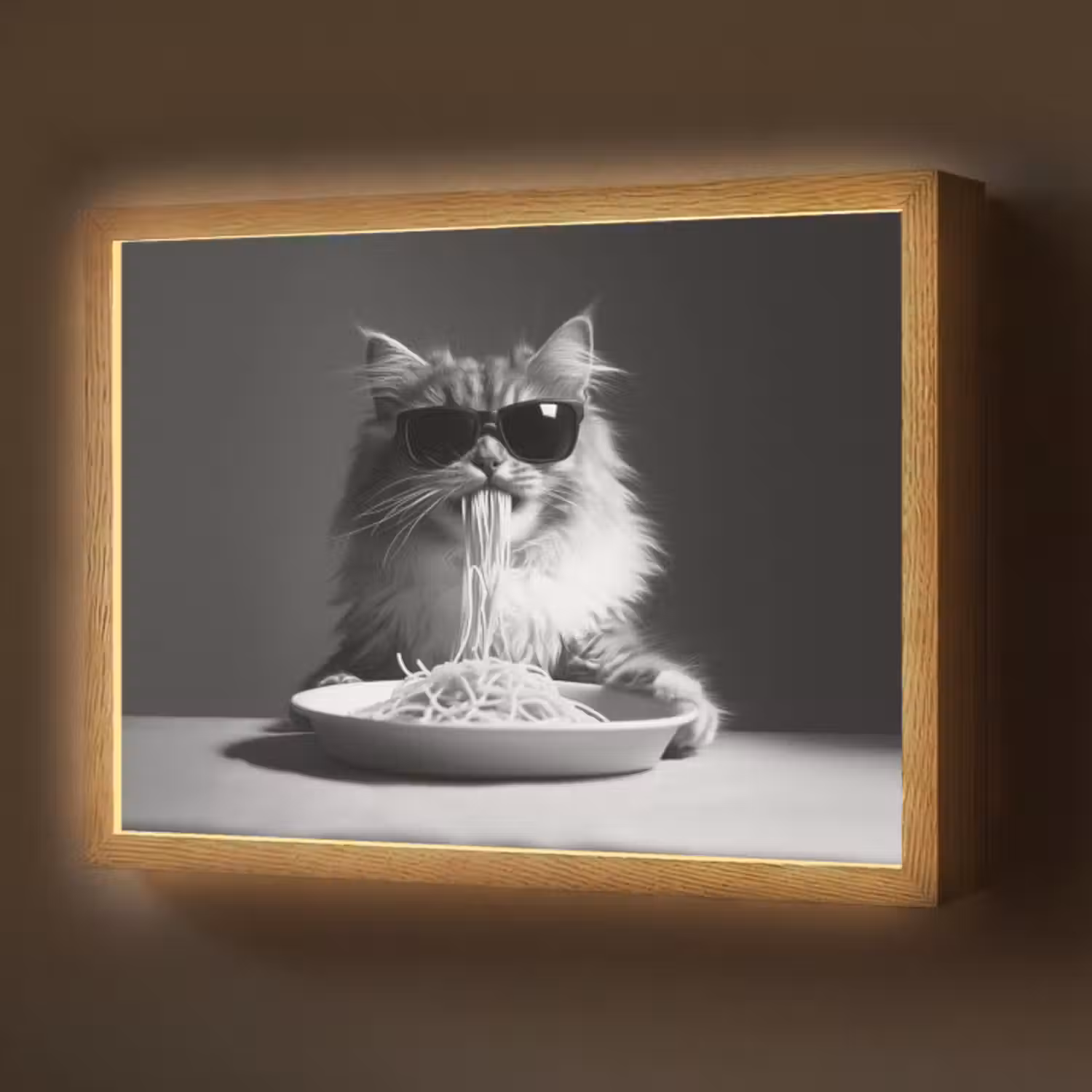 Lightbox - Wandlamp - Langharige kat - Zonnebril - Spaghetti - Humor - Zwart - wit
