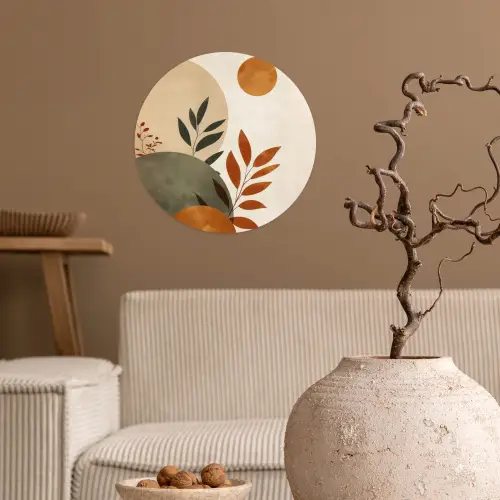Vormen - Rond - Bladeren - Beige Wandcirkel behangsticker klein -sfeer1