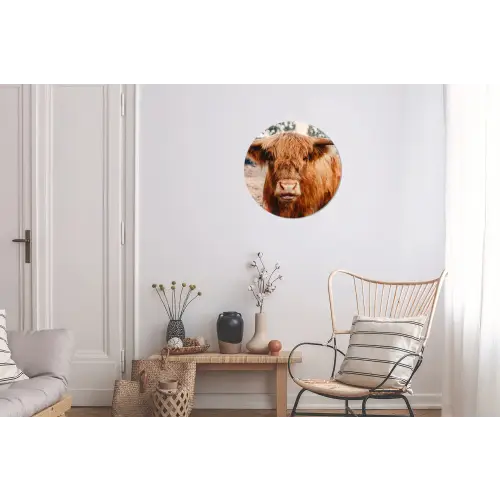 Koe- Schotse hooglander - Hoorns - Bruin - Landschap Wandcirkel aluminium klein -woonkamer