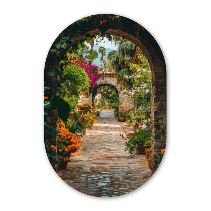 Doorkijk - Bloemen - Poort - Stenen Wandcirkel Ovaal Glas middel -3d