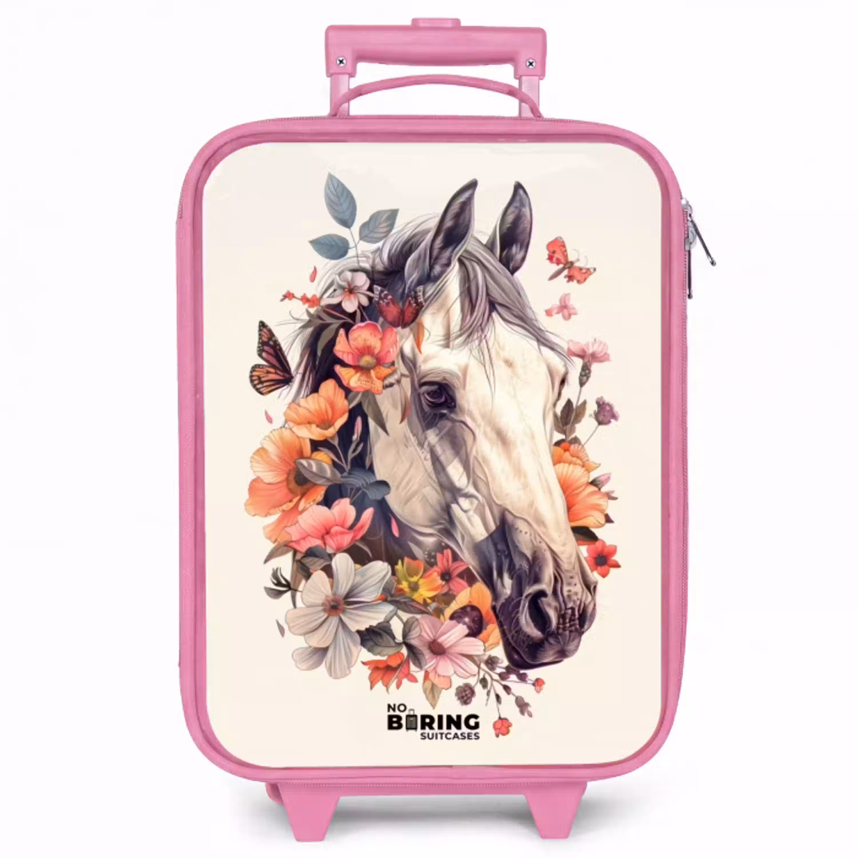 Wit paardenhoofd omringd door bloemen en vlinders Kinderkoffer - Roze klein -zzz_website3d