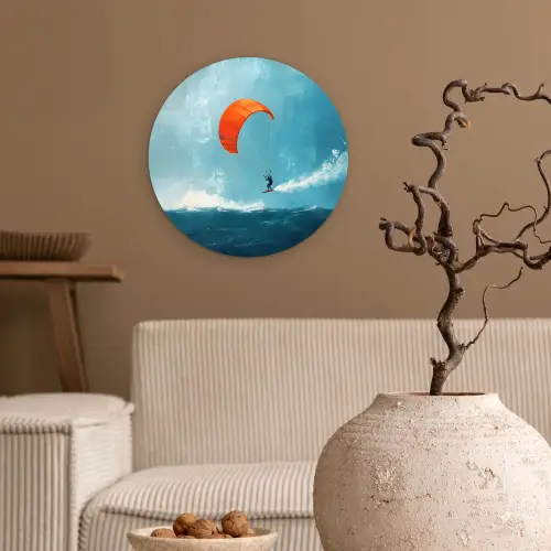 Kitesurfer - Oranje - Zee - Lucht Wandcirkel kunststof plaat 5mm dik klein -sfeer1