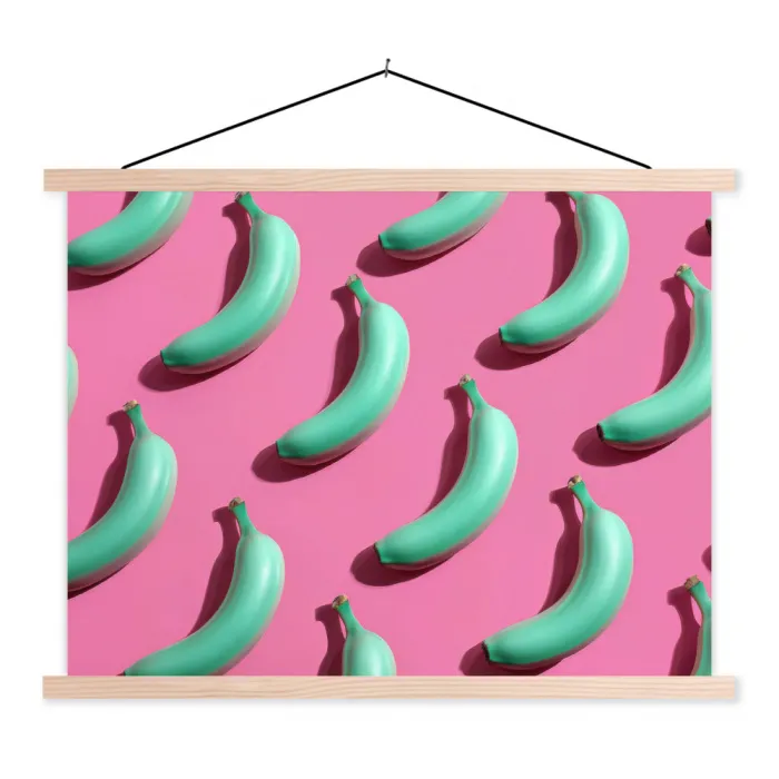 Bananen - Patroon - Blauw - Roze textielposter latten blank klein -3d