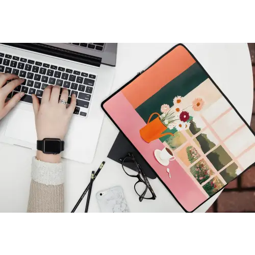 Bloemen - Koffie - Raam laptophoes neopreen klein -bureau