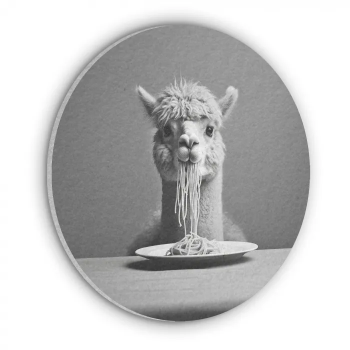 Alpaca - Pasta - Zwart - Wit - Grappig - Dieren Akoestische PET Vilt - Rond klein -3d