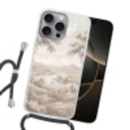 Rivierlandschap - Bergen - Natuur - Vintage - Beige Hoesje iPhone 16 Pro Max met koord klein -sfeer1