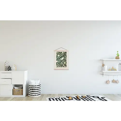 Groen - Vogel  - Bloemen textielposter latten blank klein -kinderkamer