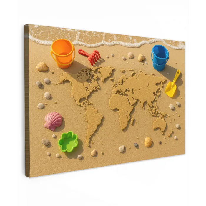 Wereldkaart - Zand - Kleurrijk - Zomer canvas 2cm klein -z3d