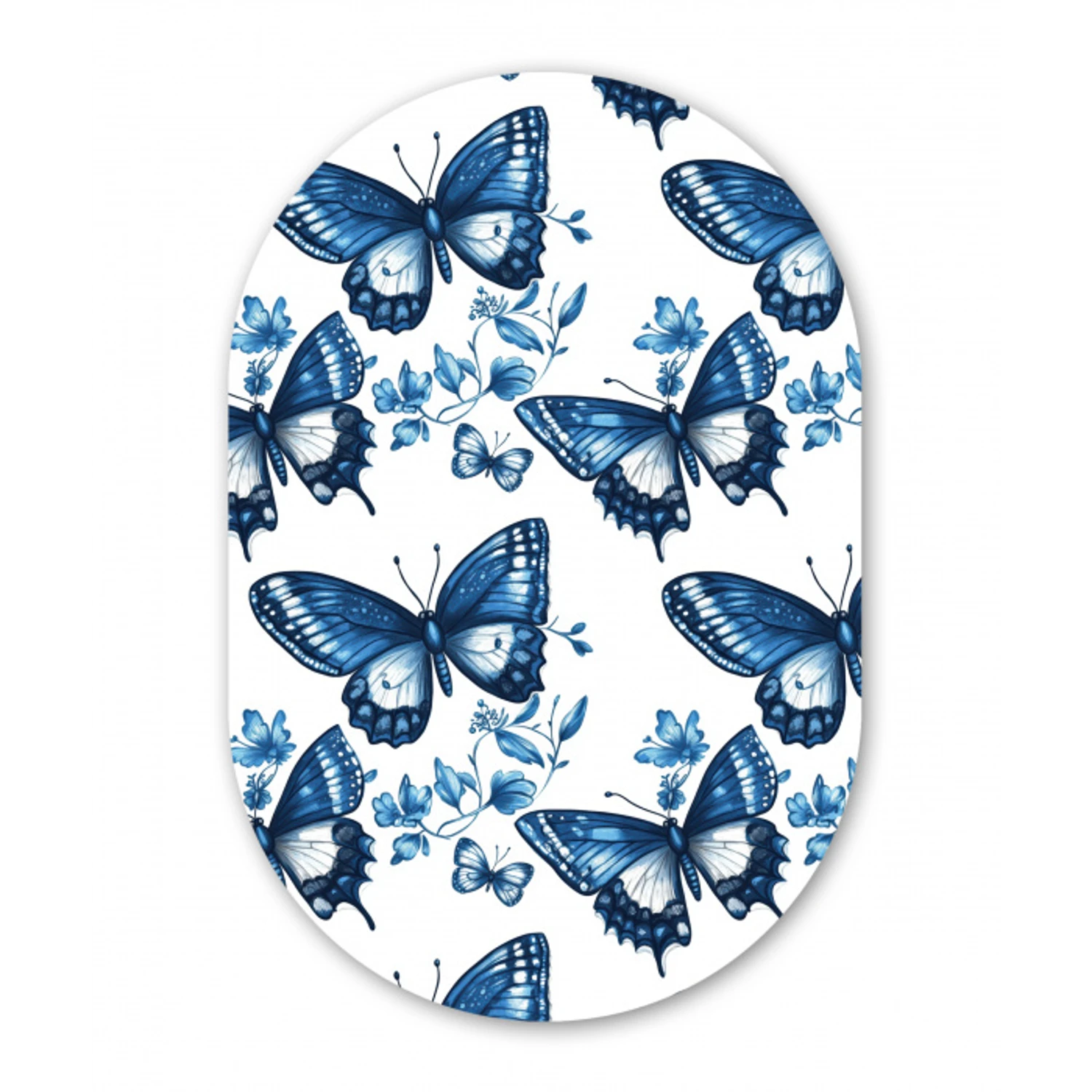 Blauw - Vlinders - Bloemen - Wit Wandcirkel Ovaal Aluminium middel 839 -3d
